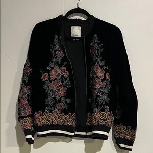 Elevenses Black Bomber Jacket with Floral Embroidery